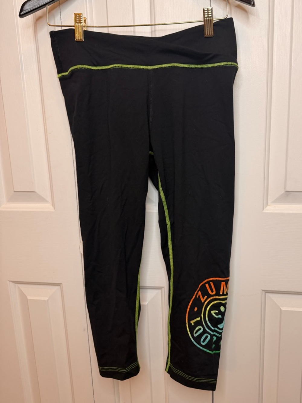 Zumba Fitness Black Leggings with Neon Green Stitching and Multicolor Logo